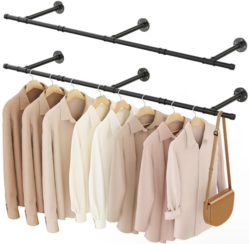 YheenLf Kleiderstange Industrial, Kleiderschrank, 2 Stück, 150cm, Schwarz | Garderobenstange Wandmontage, Platzsparenders Kleiderstangen, Küchenregal wand, Einfache Montage, Wandhalterung Kleidung