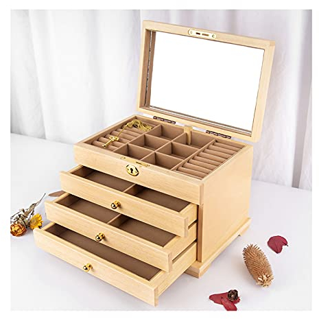 BODHIS Schmuckschatullen, Holz-Schmuckschatulle, 4-lagige abschließbare Schmuckschatulle mit Spiegel, Schreibtisch-Schmuckschrank (B)