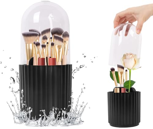 Figarge Make Up Pinselhalter 360 drehbarer Staub und WasserdichtMake-up-Pinselhalter mit Deckel Schwarz Make Up Organizer Kosmetik Organizer für Badezimmer Schminktisch