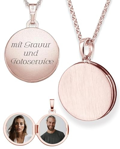 Damen Medaillon rund zum Öffnen für Bilder in Silber 925 und vergoldet | Gold / Rosegold, Kette 45-50cm, Foto Upload Service & Gravur, Rundes Medaillon aufklappbar für Frauen Mama Freundin