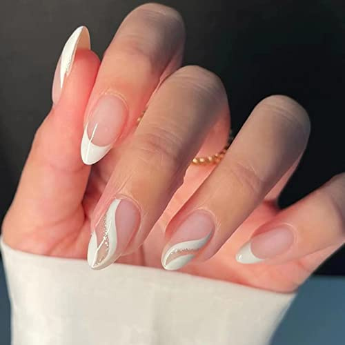 JUSTOTRY 24 Stück Glitzer Gestreift Mandel Nägel Zum Aufkleben Kurz,Weiß French Press on Nails Muster,Glossy Oval Kunstnägel Fake Nails,Almond Fingernägel Künstliche Nägel für Frauen