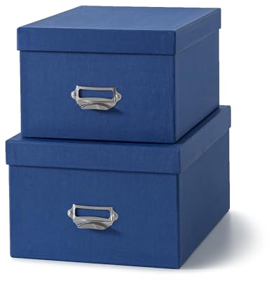 Soul & Lane Blue Decorative Cardboard Storage Boxes with Lids, Set of 2 Stacking Keepsake Photo and Memory Boxes for Home & Office, Elegant Paperboard Organizers with Label Holders and Drawer Pulls