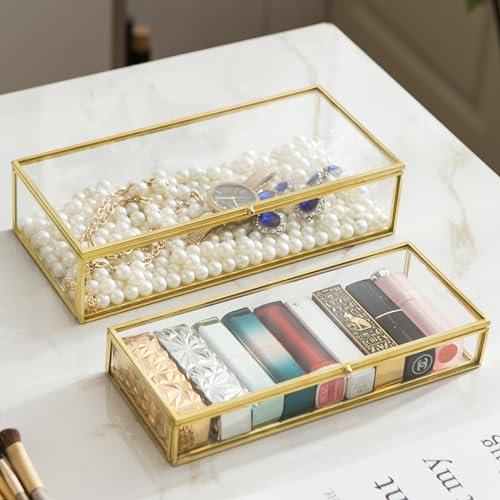 Kendiis Glas-Schmuckschatullen-Set, 2 Stück, Vintage, rechteckig, Gold, Andenken-Boxen, Lippenstift-Organizer, Box, Schminktisch, Deckel, Heimdekoration, Akzente, dekorative Box für Aufbewahrung,