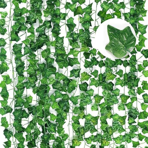 Efeu Künstlich Girlande, 12 Stück Fake Plants Room Decor, Grün Kunst Efeu Kunstpflanze Hängend Deko Vorhang für Küche, Hochzeit, Balkon, Garten Party Dekoration