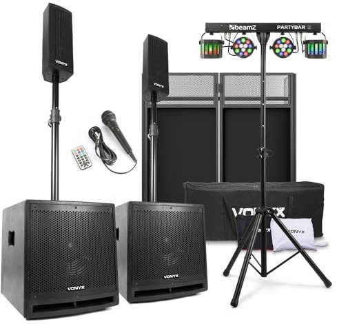 Vonyx VX1000BT DJ Package with Column Line Array Speaker, Foldable Mobile Booth, Beamz PartyBar2 Disco Light - Complete Professional Setup for Events & Live Performances