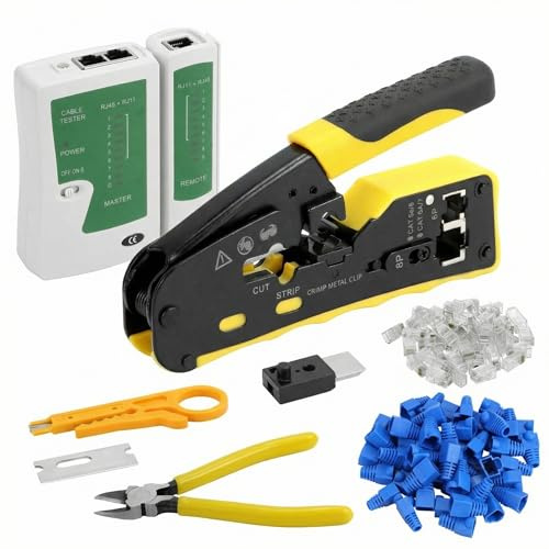 QWORK® Juego de alicates de engarzado RJ45 - herramienta de red para enchufes de red CAT5/CAT6/CAT7
