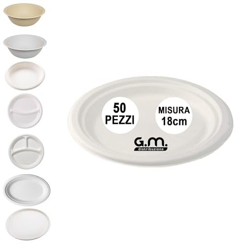 G.M. DISTRIBUZIONE 50 Piatti Rotondi Piani Bianchi in Polpa di Cellulosa 18cm, Ideale per Cibi Caldi e Freddi, Piatti Impermeabili e Adatti al Microonde, Biodegradabili e Compostabili