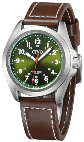 CIVO Uhren Herren Lederarmband Militär: Braun Analog Quarz Herrenuhr Militärzeit Wasserdicht - Armbanduhr Herren Grün Zifferblatt für Sport Outdoor