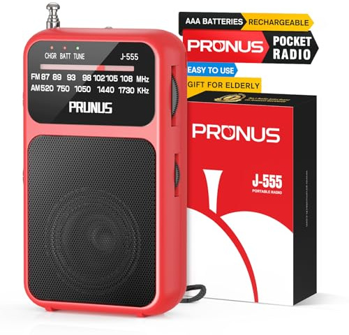 PRUNUS J-555 Am/FM Radio Portatil Pequeña Recargable, Carga USB-C, Radios Pequeña Pilas, con Toma de Auriculares, Transistor Radio de Bolsillo con Clip y cordón para Correr, Acampar. (Rojo)