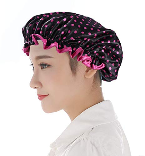Healeved Elastische Duschhaube Damen 2 Stück Aus Satin Mit Flexibler Passform Für Haarkuren Und Spa Doppellagig Mit Modischem Tupfen Und Schleifenmuster