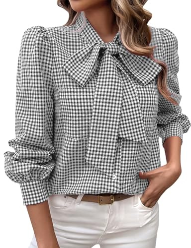 Camisa de Botones para Mujer Elegante con Lazo Frontal Manga Abombada Tops a Cuadros Casual Moderna Trabajo Oficina Blusa, Negro, S
