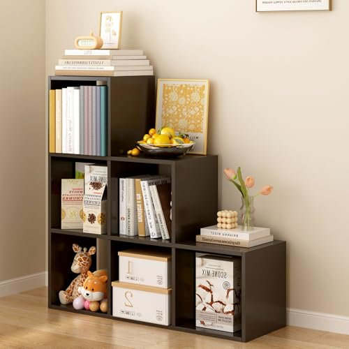 OSCHF Ladder Cube Storage Bookcase - Wooden L-Shaped 3-Tier Corner Shelf, Reversible 6-Cube Organizer for Home & Office, Black
