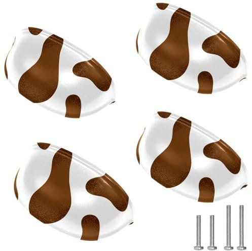 RODAILYCAY Confezione da 4 maniglie per armadietti da cucina, con motivo a pelle di mucca, colore marrone, per cassetto, armadio, cassettiera, con viti