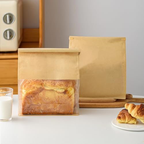 100 Pcs 8.6 Inch Brown Kraft Paper Bread Bags with Tin Tie, Large Homemade Bread Packing Bag, Thickened Storage Bagel Bag with Clear Window for Bakery