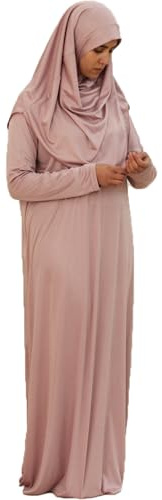 Safwa® Robe de Prière avec Hijab Intégré – Abaya Mastour Jersey Extensible – Tenue Islamique Confortable et Opaque – Idéal Mosquée ou Maison – Taille Unique 36-42 – Fabriqué en Égypte (Taupe Rosé)