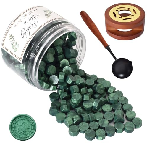 Siegelwachs Perlen Set, Siegelwachs Grün Metallic, 200 Stück Wachsperlen Siegel mit Wachssiegel Ofen und Löffel, Wachs Achteckig Wachssiegel für Siegelstempel Briefe Umschläge Karten