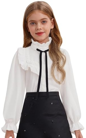 YiZYiF Chemise Blanche Boutonnée Enfant Fille Chemisiers à Volants Manches Longues T-Shirt Ample Décontracté Blouse Chemise d'école Couleur Unie 5-16 Ans