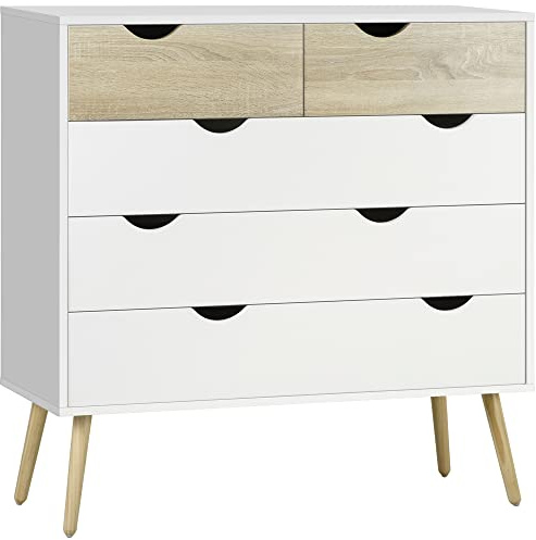 HOMCOM Cómoda con 5 Cajones Estilo Nórdico 99x39x101 cm Blanco y Roble