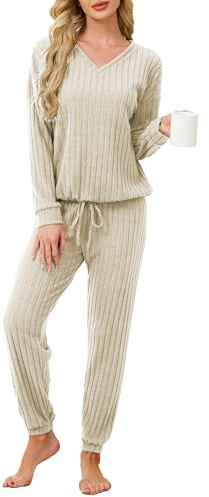 Famulily Pyjamas for Women Long Sleeve Rib Knitted Tops & Ankle Cuffs Jogger Pants 2 Piece Outfits Lounge Set Beige M
