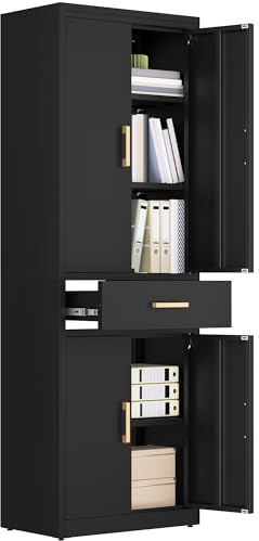 YITAHOME Armoire de Rangement verrouillable avec 3 étagères réglables - Armoire de Bureau avec tiroir - en Acier - pour Bureau, Cuisine, Garage - 180 x 60 x 34 cm (H x l x P) - Noir