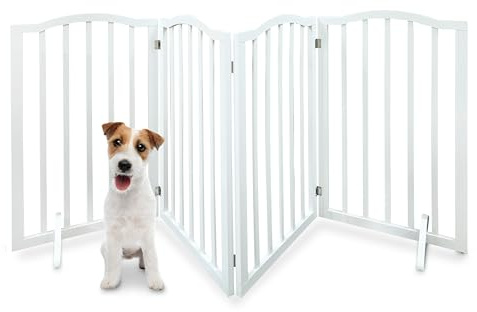 IvoQ Recinzione di sicurezza pieghevole in legno per animali domestici, griglia autoportante senza fori, 4 pannelli (46-185,5 cm) - MDF bianco, barriera per cani e gatti per porta, corridoio o cucina