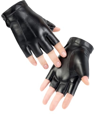 MEOAlBkey Black Leather Gloves Fingerless for Men & Women, PU Faux Leather Driving Gloves for Cycling Motorcycle Hiking, Half Finger Glove