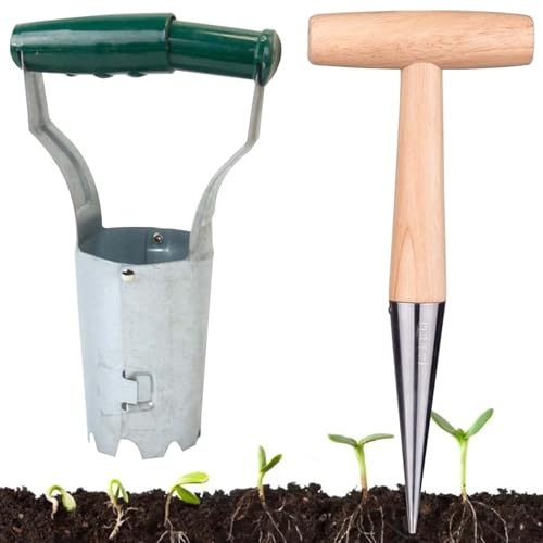 Demlaka Lot de 2 planteurs de bulbes à fleurs - Poids léger - En acier inoxydable - Avec poignée en bois - Plantoir à bulbes - Pour jardins