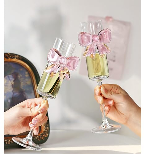 Set of 2 Elegant Pink Bow Champagne Flutes, Romantic Crystal Glasses with Hand-Tied Bow, 8oz (160ml) Clear Strengthened Stems for Wedding, Anniversary, Christmas or Valentine's Day Gift (2 Pieces)