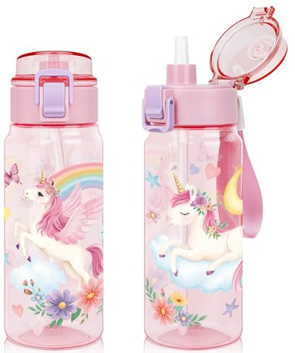 wooshwa Tritan Kids Water Bottle for School, 1-Pack 550ml, Dishwasher Safe | Pop-up Detachable Straw, Dishwasher Safe, Ideal Gift for Boys and Girls, 1-Pack (Unicorn)