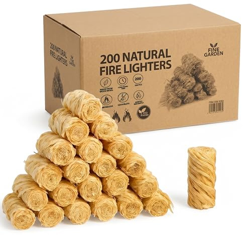 Fine Garden 200x Natural Firelighters, Long Burning Fire Lighters for Wood Burners, BBQ Lighter, Safe to Use - Ideal for Stoves, Pizza Ovens, Open Fires, Log Burner Accessories, Eco Firelighters