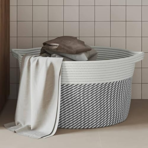 LoogCape Aufbewahrungskorb Grau Weiß Ø40x25 cm Baumwolle Flechtkorb Dekokorb Handgefertigt Faltbar für Wohnzimmer Schlafzimmer Bad und Haushalt