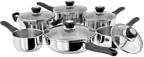 Judge Vista Set of 6 Stainless Steel Pans, 20cm Casserole, 24cm Saute Pan, 16cm, 18cm & 20cm Saucepans with shatterproof Vented Glass Lids, 14cm Milk Pan, Induction Ready, Oven Safe