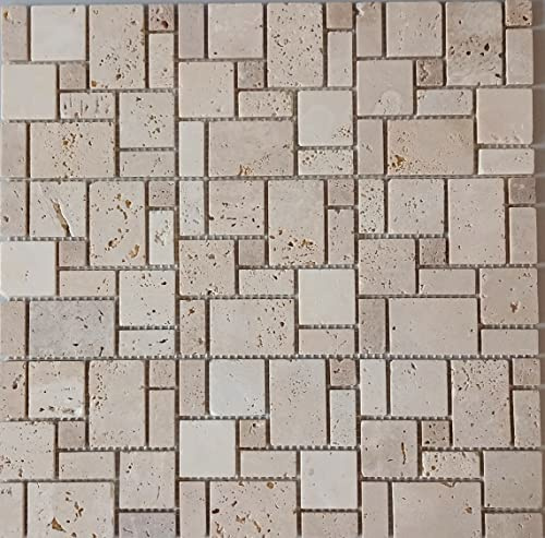 Mosaik Fliese Travertin Naturstein Kombination Travertin beige für BODEN WAND BAD WC DUSCHE KÜCHE FLIESENSPIEGEL THEKENVERKLEIDUNG BADEWANNENVERKLEIDUNG Mosaikmatte Mosaikplatte