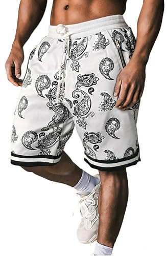 MECH-ENG Herren-Shorts, Paisley-Shorts, athletisch, lässig, Workout, Fitnessstudio, Basketball, Bandana, Kordelzug-Shorts, Weiss/opulenter Garten, Mittel