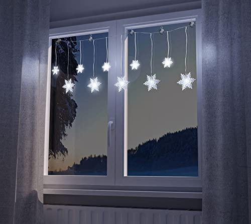 Spetebo Schneeflocken Lichterkette mit 10 LED in kalt weiß - 135 cm - inkl. Saugnäpfe mit Haken - Weihnachtsdeko Winterdeo für Fenster und Wand Batterie betrieben