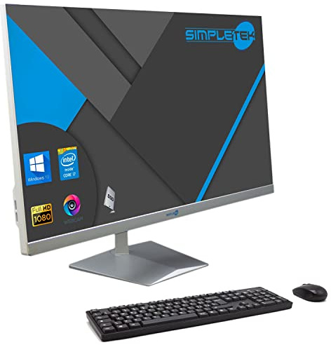 SIMPLETEK - All in One AiO 27 Full HD Core i7 Jusqu'à 3,6 GHz Windows 10 Pro | 16 Go RAM 960 Go SSD | Kit souris clavier Webcam PopUp Caisses intégrées PC fixe Ordinateur Blanc Maison Travail