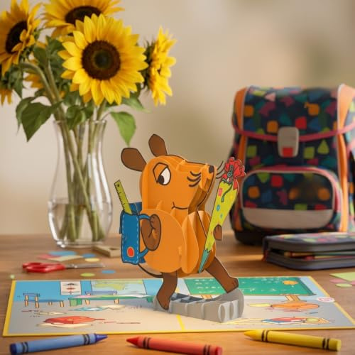 papercrush x Die Maus Pop-Up Karte Einschulung, 3D Einschulungskarte | Schulbeginnkarte für Mädchen & Jungen, Tolle Glückwunschkarte & Geldgeschenk zur Schuleinführung, 1. Tag in der Schule