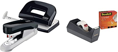 Novus Schreibtisch Set (Heftgerät E 15 mit Locher E 210, inkl. 1000 Heftklammern No. 10) schwarz & Scotch C38 Tischabroller schwarz + Scotch Crystal Klebeband, 1 Rolle, 19 mm x 10 m