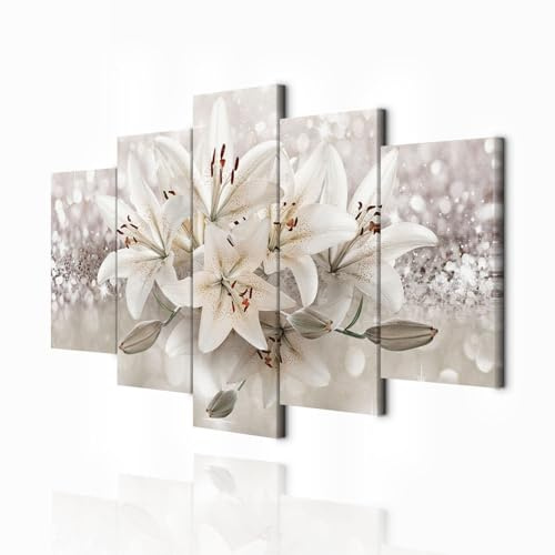 decomonkey Bilder Abstrakt Blumen 200x100 cm 5 Teilig Leinwandbilder Bild auf Leinwand Vlies Wandbild Kunstdruck Wanddeko Wand Wohnzimmer Wanddekoration Deko Laub Beige Weiß Lilien