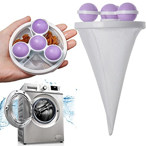 Waschmaschinen-Filterbeutel, Haar-Fusselfänger, Netzbeutel, Haarfänger mit 4 schwimmenden Bällen, Blumen, Haarfilter, Netztasche, wiederverwendbar, Haarentferner-Werkzeug (2 Stück)