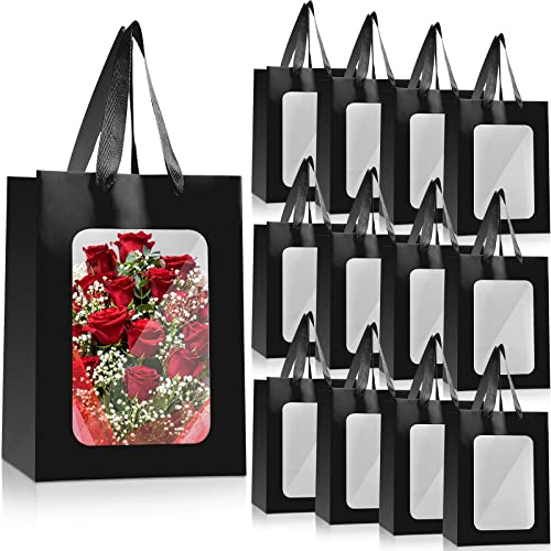 50 Stück Papier-Geschenktüten mit transparentem Fenster, Kraftpapier-Einkaufstaschen mit Griffen, 24.9x18x13 cm, transparente Geschenktüten, Festival, Party (schwarz)