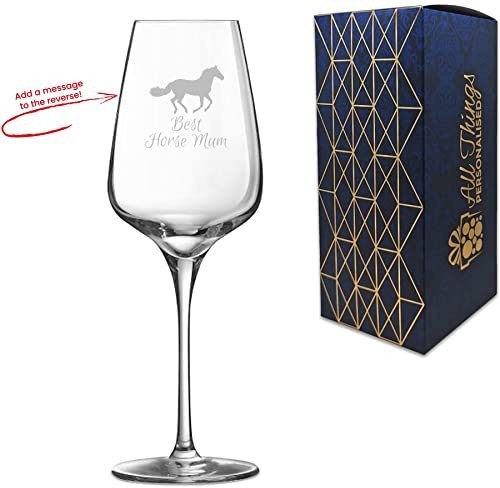 Personalised Engraved Novelty Wine Glass with Best Horse Mum Design, Add a Personalised Message to the Reverse, Laser Engraved, Gift Box Included, Gift for Mum, Birthday Gift, Horse Lover Gift