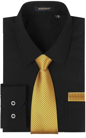 HISDERN Herren Hemd Langarm Einfarbige Hemden mit Krawatte und Taschentuch Formelle Businesshemd Hochzeit Freizeithemd mit Brusttasche Regular Fit