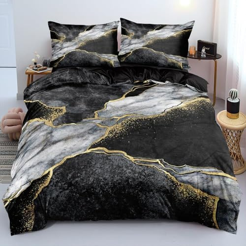 Luowei Bettwäsche 135x200 cm 2tlg Marmor Grau Schwarz, Mikrofaser | Oeko-TEX Atmungsaktiv Bettwäsche Set Modern Ästhetisches Design Bettbezug mit Reißverschluss und Kissenbezüge 80x80cm