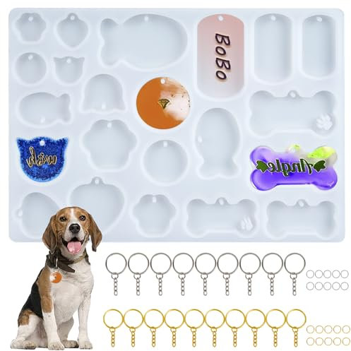 ASUNFO Silikonharzform für Hundemarken, Katze, Haustier, Knochen, Tiere, mit 20 Schlüsselanhängern für Epoxidharz, Schmuckherstellung, Anhänger, Schlüsselanhänger, DIY Handwerk