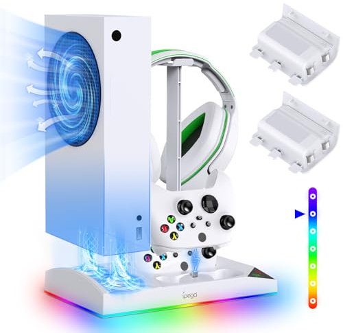 Gorixer Charging Stand with Fan for Xbox Series S | 2 x 1400 mAh Batteries, 15 LED Light Modes, Headphone Hook, USB-C Cable, Dual Charging Station and Cooling System