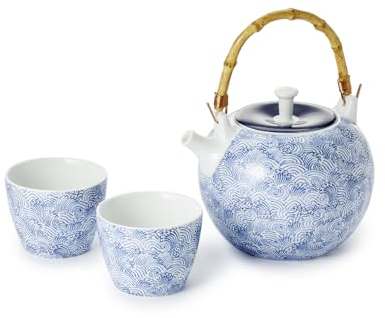 Cha Cult Teemando® - Juego de té Mizu de porcelana, 3 piezas, jarra con filtro de acero inoxidable, tetera de 0,8 l, taza: 0,15 l, jarra: 20,5 cm de altura, 6,9 cm de diámetro, 6,4 cm de altura, 7,5