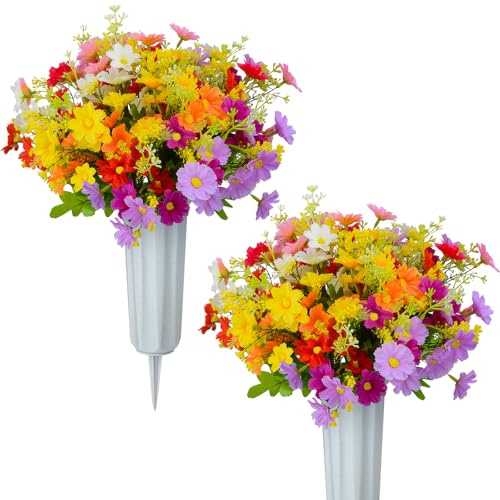 XONOR Artificial Cemetery Flowers Memorial Silk Daisy with Vase for Grave Headstone Decoration, Assorted Colors Daisy for Spring Summer Decoration