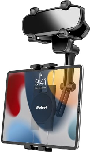 woleyi Support Tablette Rétroviseur Voiture/Camion [Rotatif et Rétractable] Fixation Tablette Téléphone Rétroviseur 4 Coins Améliorés pour Pro Air Mini, Galaxy Tab, Lenovo, iPhone, 4-11 etc