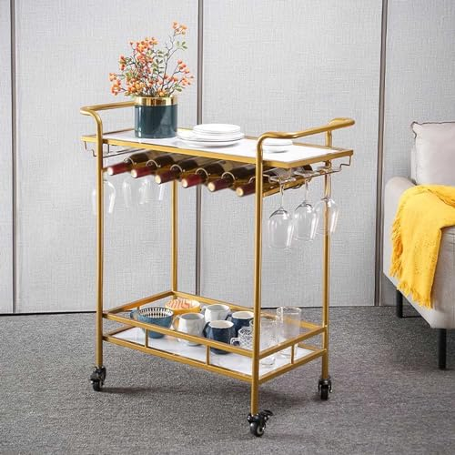 Servierwagen Mobiler Goldener Barwagen mit 2 Etagen, moderner Minibar-Küchen-Servierwagen und Kaffeestation mit Stauraum for Wein und Gläser Rollwagen (Color : Gold+White)